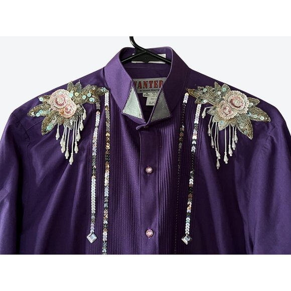 Wanted By Beads Beautiful Vintage Medium Purple Silver Pink Floral Sequin Shirt - Picture 3 of 8